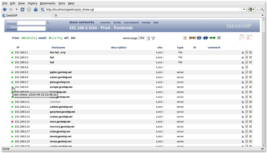 IP address management - host list view